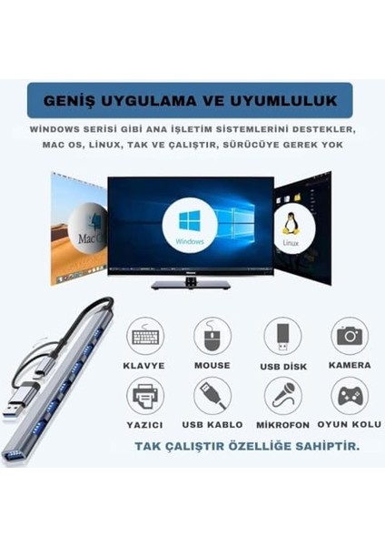 7in1 Type C/usb To 7x USB 3.0 Çoğaltıcı Okuyucu Hup, Klavye, Mouse, Yazıcı, USB Okuyucu fiyatları
