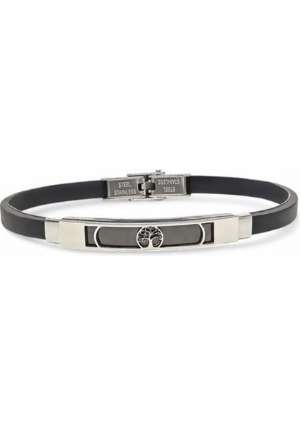 Erkek Hayat Ağacı Desenli Silikon Kordonlu Çelik Bileklik