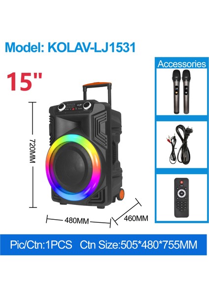 Kolav LJ1531 Ses Bombası Büyük Boy Party Box Bluetoot Hoparlör Speaker 80W Taşınabilir Hoparlör 8x2 Inç fırsatları