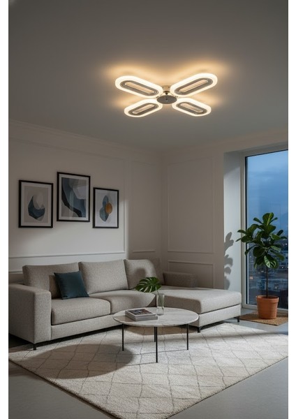 Serra 4lu Krom Plafonyer Salon Oturma Odasi 3 Renk LED Isıklı Avize