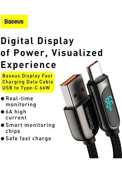 Display Hızlı Şarj Kablosu USB To Type-C 66W, 2m, Siyah modelleri
