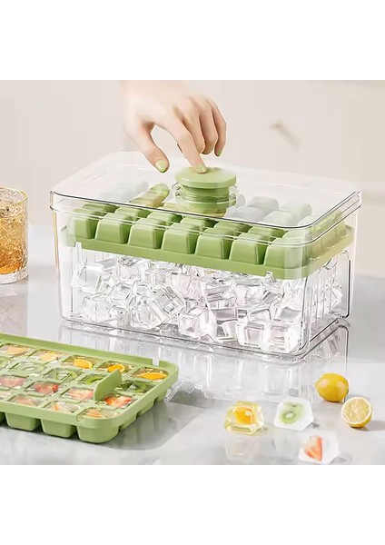 Buz Kalıbı Seti, Kapaklı Buz Kabı, 56 Adet Buz Bölmesi (Su Yeşili)