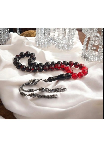 Zirkon Taşlı Gümüş Püsküllü Ateşi Kehribar Tesbih