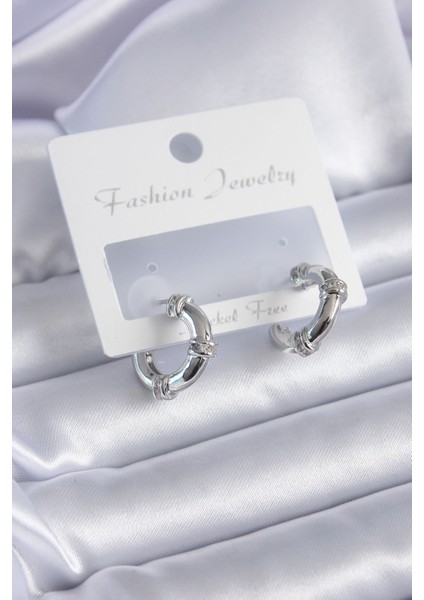 Gümüş Renk Zirkon Taşlı Halka Model Pirinç Kadın Küpe - Lisinya