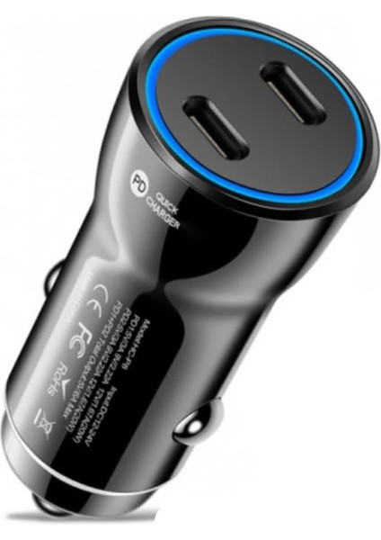 Süper Hızlı Şarj 60W Ultra Hızlı 2x Pd Type C Girişli Araç Şarj Başlığı, 12/24V Tüm Girişlere Uyumlu, Isı ve Akım Korumalı Şarj Başlığı