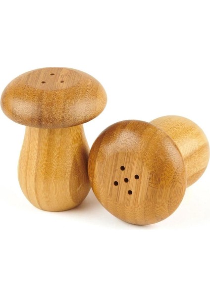 Bambu Mantar Görünümlü 2&apos;li Tuzluk ve Biberlik Seti - 8 cm Akasya ve Bambu Karışımı Şık Takımı
