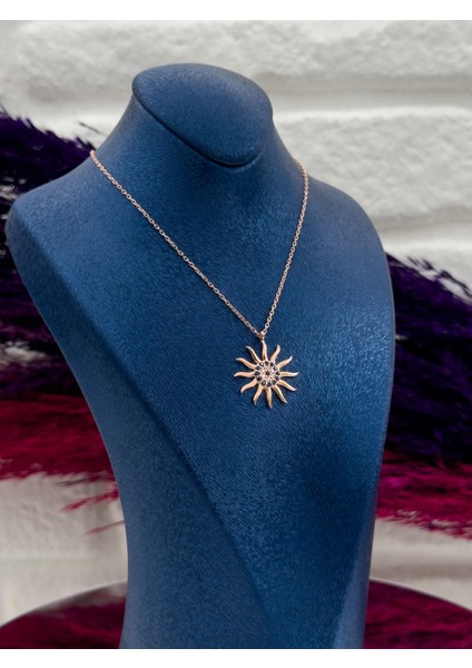 925 Ayar Gümüş Nazar Boncuklu Rose Renk Güneş Modeli Lüks Kadın Kolye