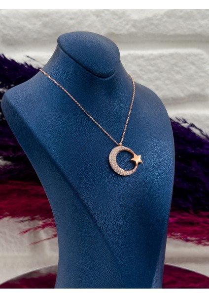 925 Ayar Gümüş Rose Renk Taşlı Ayyıldız Modeli Lüks Kadın Kolye