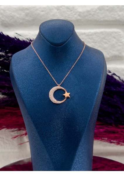 925 Ayar Gümüş Rose Renk Taşlı Ayyıldız Modeli Lüks Kadın Kolye fiyatları