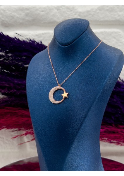 925 Ayar Gümüş Rose Renk Taşlı Ayyıldız Modeli Lüks Kadın Kolye modelleri