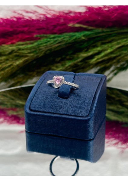 925 Ayar Gümüş Pembe Kuvars Taşlı Kalpli Popüler Kadın Yüzük