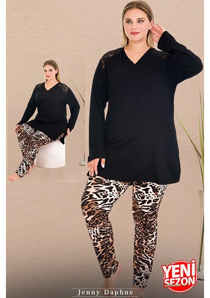 Lady Leopar Desenli Uzun Kapri Alt Dantelli Omuz Uzun Kollu V Yakalı Viskon Kumaş Pijama Takımı