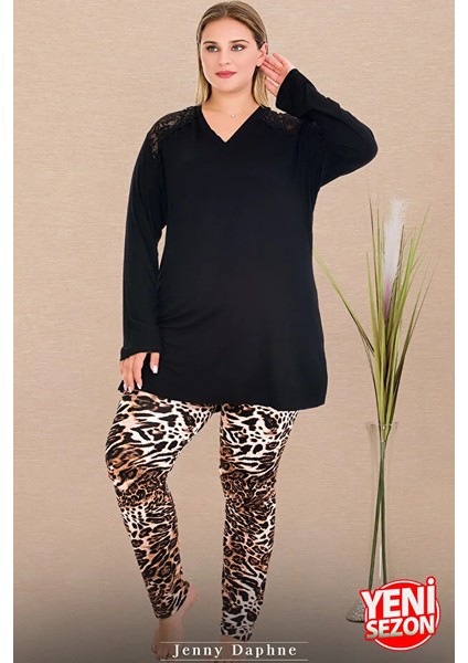 Lady Leopar Desenli Uzun Kapri Alt Dantelli Omuz Uzun Kollu V Yakalı Viskon Kumaş Pijama Takımı fiyatları