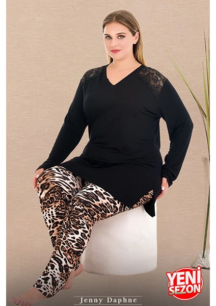 Lady Leopar Desenli Uzun Kapri Alt Dantelli Omuz Uzun Kollu V Yakalı Viskon Kumaş Pijama Takımı modelleri