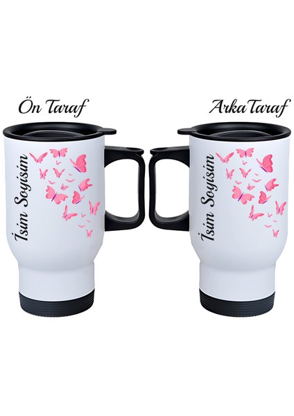 Kişiye Özel Kulplu Çelik Termos Bardak Kelebek Temalı