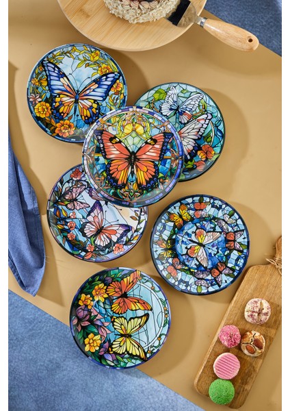 6'lı Pasta ve Tatlı Tabağı Lüks Kelebek Desenli - Pasta Tatlı Tabakları (20 Cm)