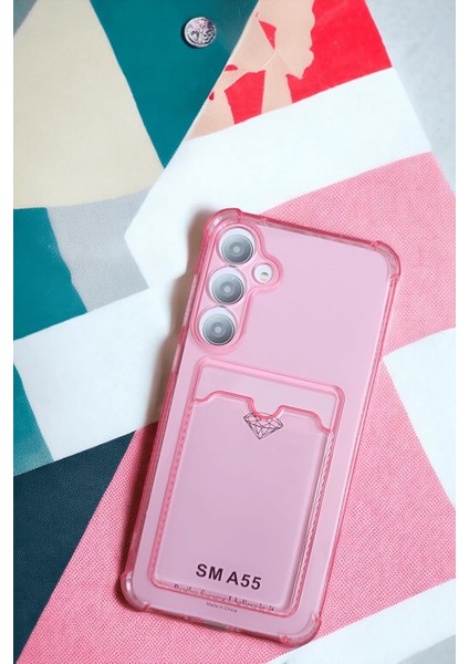 Galaxy A55 Kılıf Kartlıklı Köşe Koruma Tasarımlı Renkli Şeffaf G-Kart Kılıf (Pembe)