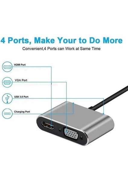 4in1 USB C HDMI Vga, USB C Hub, 4K Hdmı, 1080P Vga, USB 3.0, USB C Pd Şarj, Pro/air/ipad Pro 2018 / Xps/ Uyumlu modelleri
