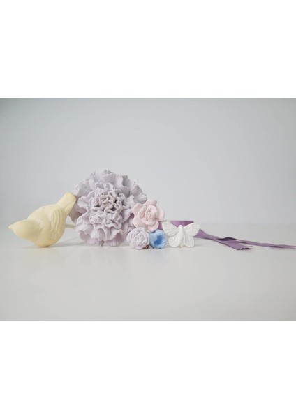 Lila Karışık Çiçek ve Kuş Taşlı 10&apos;lu Bambu Kamış Seti