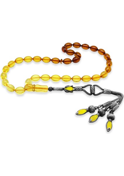 Premium Kutulu 1000 Ayar Gümüş Tria Kazaz Püsküllü Arpa Kesim Sarı Kırmızı Damla Kehribar Tesbih