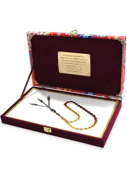 Premium Kutulu 1000 Ayar Gümüş Tria Kazaz Püsküllü Arpa Kesim Sarı Kırmızı Damla Kehribar Tesbih fiyatları