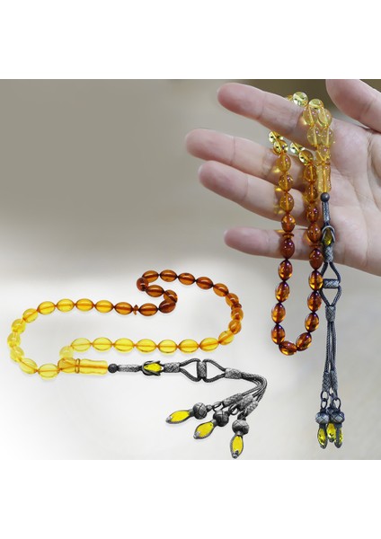 Premium Kutulu 1000 Ayar Gümüş Tria Kazaz Püsküllü Arpa Kesim Sarı Kırmızı Damla Kehribar Tesbih modelleri