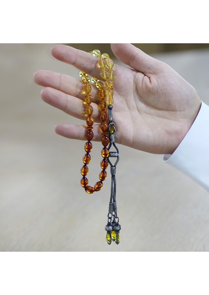 Premium Kutulu 1000 Ayar Gümüş Tria Kazaz Püsküllü Arpa Kesim Sarı Kırmızı Damla Kehribar Tesbih indirimleri