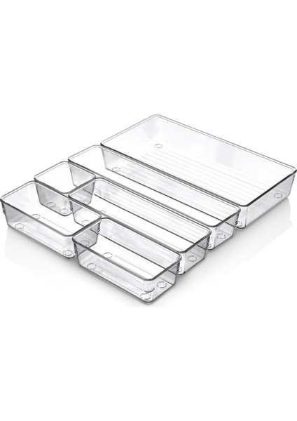 6&apos;lı Şeffaf Çekmece Düzenleyici Seti – Plastik Organizer Kutular | Makyaj, Ofis, Mutfak ve Düzeni Için 6 Farklı Boyda Şeffaf Kutu