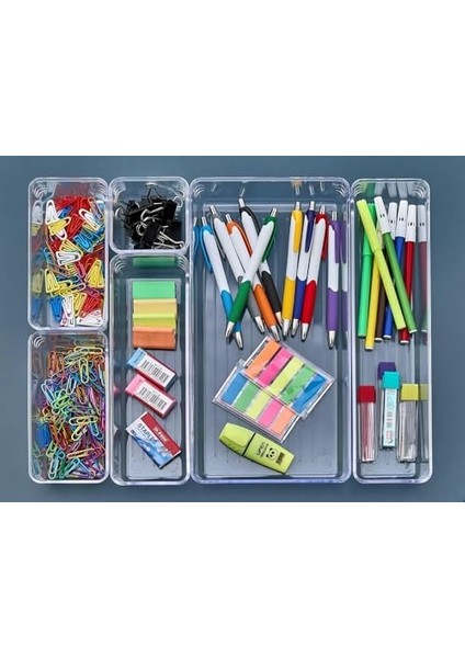 6&apos;lı Şeffaf Çekmece Düzenleyici Seti – Plastik Organizer Kutular | Makyaj, Ofis, Mutfak ve Düzeni Için 6 Farklı Boyda Şeffaf Kutu modelleri