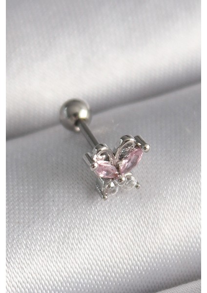 316L Çelik Gümüş Renk Pembe Zirkon Taşlı Kelebek Tragus Piercing - Lisinya
