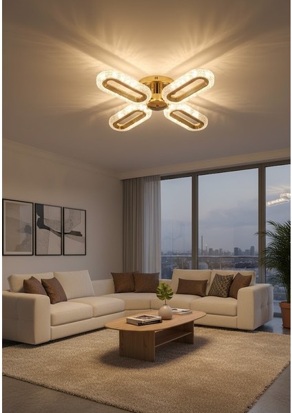 Serra 4lu Gold Plafonyer 3 Renk LED Isıklı Salon Oturma Odasi Avize