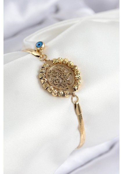 316L Çelik Nazar Boncuk Detaylı Hayat Ağacı Model Italyan Zincir Gold Renk Kadın Bileklik