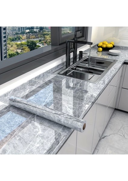 Mermer Desenli Mutfak Duvar Kağıdı Sticker - 5MX60CM Su Geçirmez, Yağa Dayanıklı, Yüksek Sıcaklığa Dayanıklı Tezgah, Dolap, Ocak Yenileme Folyosu T04 ( Lisinya )