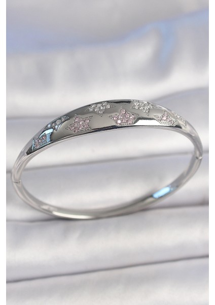 Pirinç Gümüş Renk Zirkon Taşlı Yıldız Işlemeli Kadın Kelepçe - Lisinya