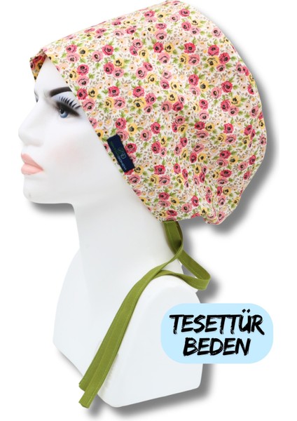 Tesettür Sarmaşık Güller Sarı Pembe Cerrahi Bone Doktor Hemşire Sağlıkçı Bonesi Geniş Kesim
