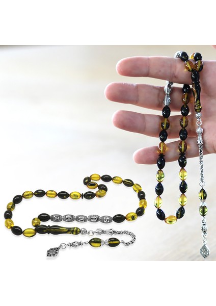 Kararmaz Metal Püsküllü Isme Özel Yazılı Arpa Kesim Sarı Siyah Ateş Kehribar Tesbih modelleri