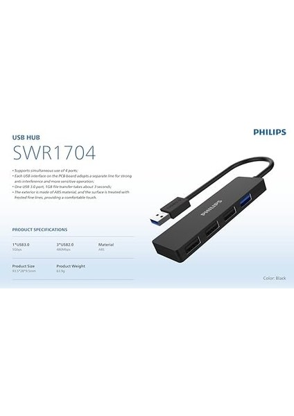 SWR1704 USB Hub 4 Port, 5gbps Veri Aktarımı USB 3.0, 480MBPS Veri Aktarımı USB 2.0 X3, USB Çoklayıcı, Abs Malzeme, Siyah modelleri