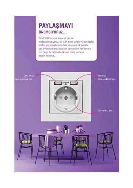 Çift Usb&apos;li Topraklı Priz (2.4A Hızlı Şarj+Çocuk Koruma) fiyatları