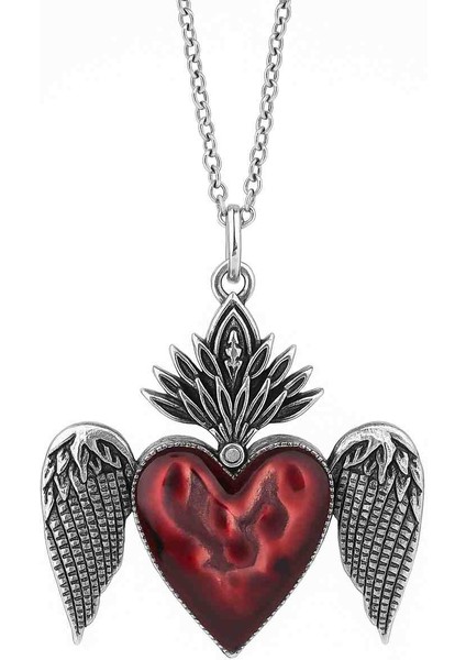 Gotik Alevli Kalp ve Melek Kanatlı Kolye – Kırmızı Taşlı Vintage Model