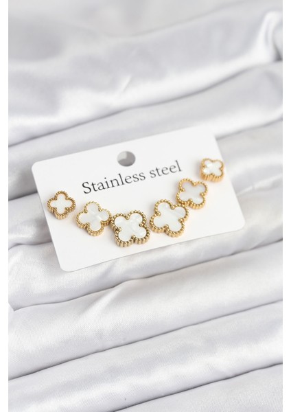 316L Çelik Gold Beyaz Renk 3 Boy Yonca Küpe Seti - Lisinya