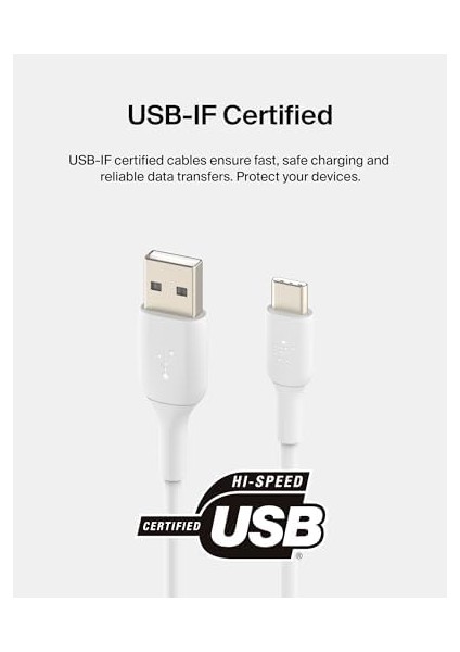 Boost Charge USB C Şarj Kablosu, Usb-C, Usb-A Kablosu, 16, 15, S24, S23,, iPad Pro, Switch ve Daha Fazlası Için, 1 Metre, 2&apos;li Paket, Beyaz modelleri