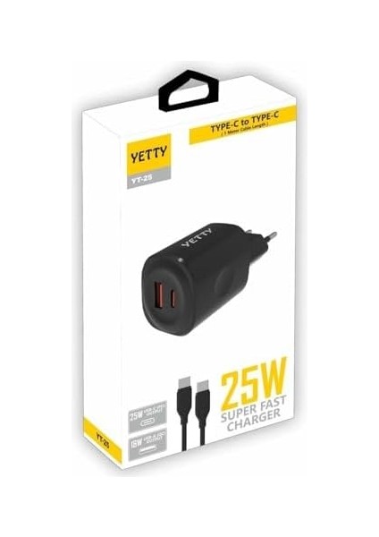 Yetty Çift Çıkışlı Pd 25W 3.0 Type-C To Type-C 1m Hızlı Şarj Kablosu - Siyah (Yerli Üretim) fiyatları