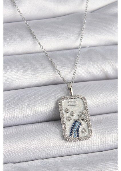 316L Çelik Gümüş Renk Zincir Kova Burcu Zirkon Taşlı Kadın Kolye - Lisinya