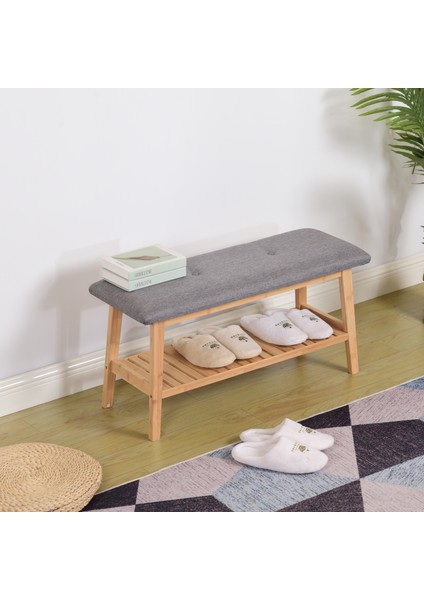 Bambu Ahşap Oturma Bankı ve Ayakkabılık – Gri Minderli, Dekoratif Giriş Bench, Şık Ev Mobilyası, Portmanto Yanı Düzenleyici