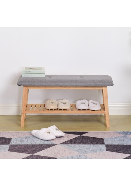 Bambu Ahşap Oturma Bankı ve Ayakkabılık – Gri Minderli, Dekoratif Giriş Bench, Şık Ev Mobilyası, Portmanto Yanı Düzenleyici fiyatları