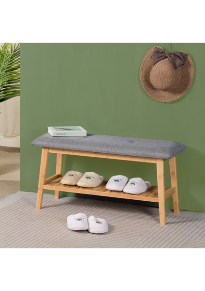 Bambu Ahşap Oturma Bankı ve Ayakkabılık – Gri Minderli, Dekoratif Giriş Bench, Şık Ev Mobilyası, Portmanto Yanı Düzenleyici indirimleri