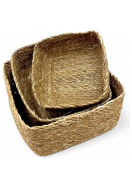 3&apos;lü El Yapımı Kare Hasır Düzenleyici Seti | 3&apos;lü Hasır Kare Organizer Seti – Dekoratif, Çok Amaçlı ve Dayanıklı Sepetler (26X26X12CM – 22X22X10CM – 18X18X8CM) modelleri
