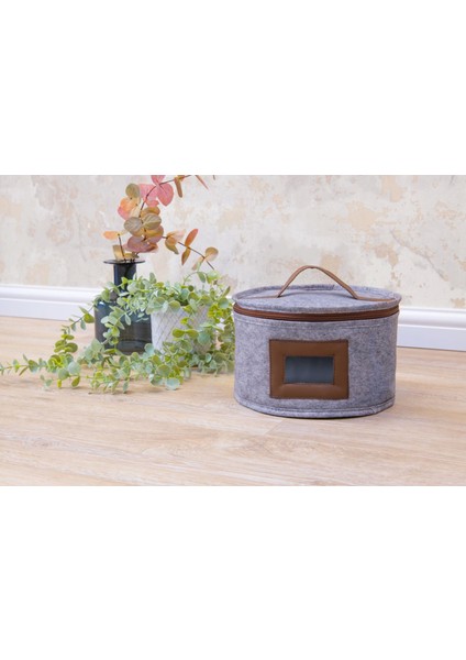 Deri Şeritli Pencereli Yuvarlak Çok Amaçlı Düzenleyici Organizer Kutu Keçe Çanta (Mini) ( Lisinya )