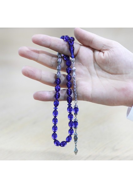 Kararmaz Metal Arnavut Püsküllü Arpa Kesim Isme Özel Yazılı Lacivert Sıkma Kehribar Tesbih modelleri