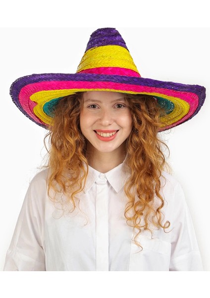 Sombrero Meksika Şapkası Renkli Örme Hasır Çocuk Boy